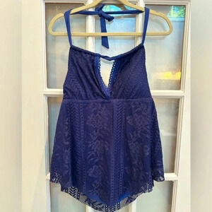 Becca Rebecca Virtue Navy Crochet Halter Top Swimsuit Tankini Size 0X 14/16